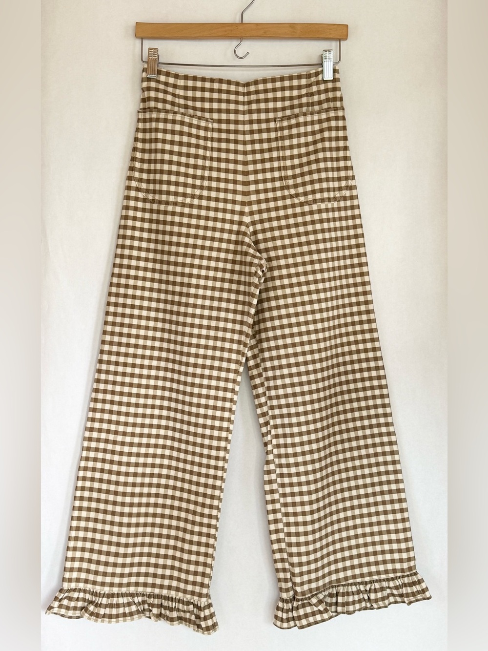 Anthropologie Maeve Womens Gingham Ruffle Hem Wide-Leg Pants - Brown & Cream